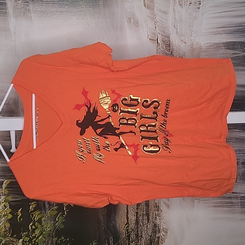 Halloween Witch on Broom Womens 2X bright orange shimmery Tshirt